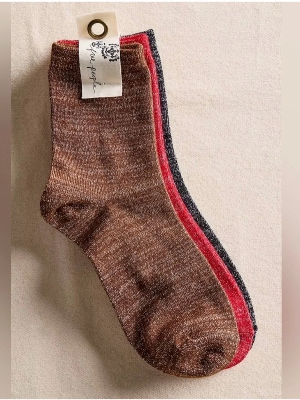 Free People/FP Movement Lurex sock 3 pair black red brown disco stretchy ankle